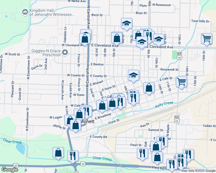 map of restaurants, bars, coffee shops, grocery stores, and more near 400-498 East Dunn Street in Monett
