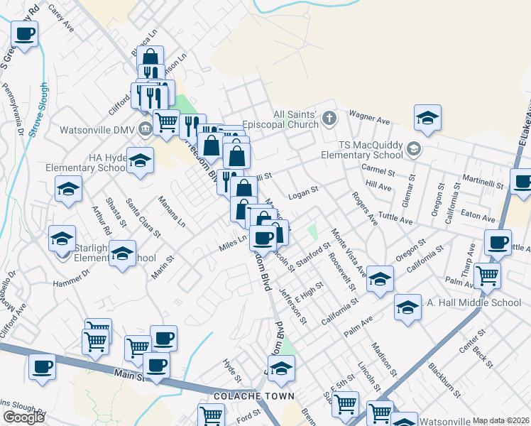map of restaurants, bars, coffee shops, grocery stores, and more near 23 Broadis Street in Watsonville