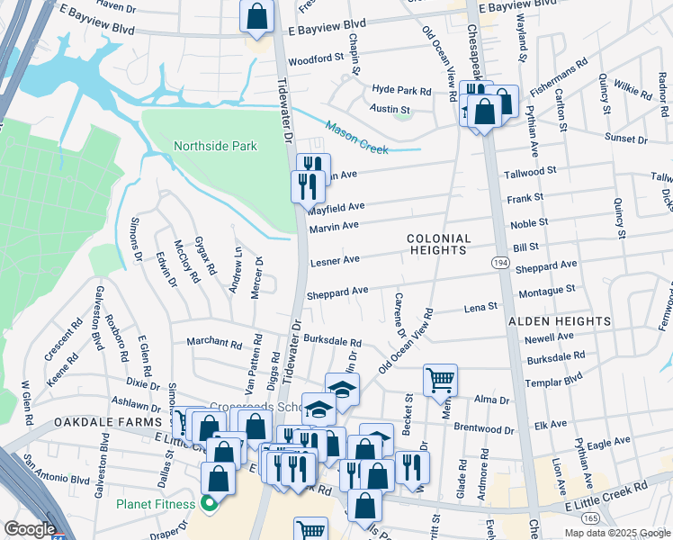 map of restaurants, bars, coffee shops, grocery stores, and more near 731 Lesner Avenue in Norfolk