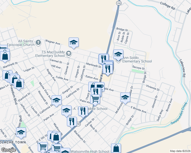 map of restaurants, bars, coffee shops, grocery stores, and more near 18 Eaton Avenue in Watsonville