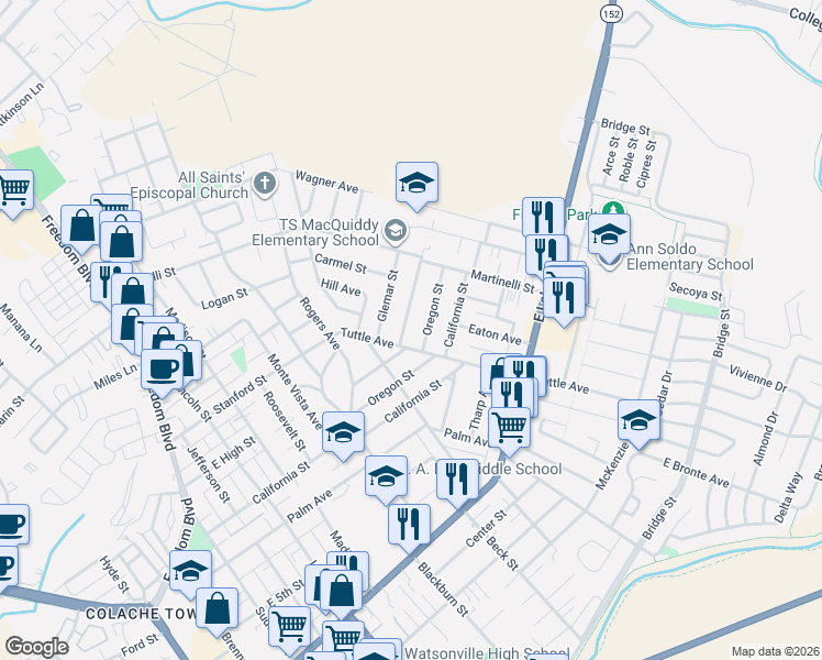 map of restaurants, bars, coffee shops, grocery stores, and more near 711 Washington Street in Watsonville