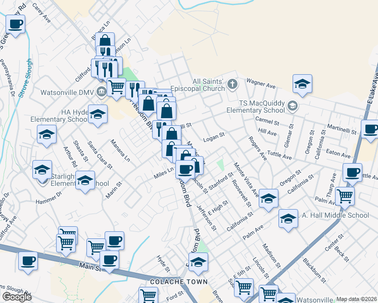 map of restaurants, bars, coffee shops, grocery stores, and more near 23 Broadis Street in Watsonville