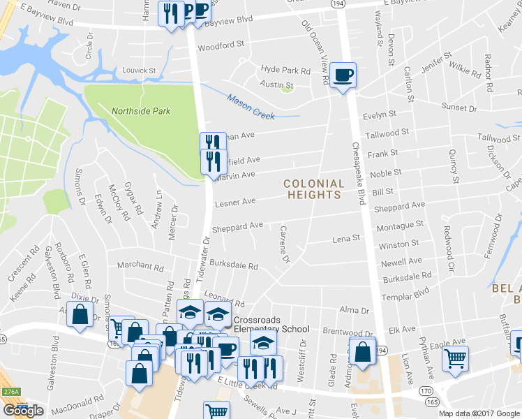 map of restaurants, bars, coffee shops, grocery stores, and more near 759 Lesner Avenue in Norfolk