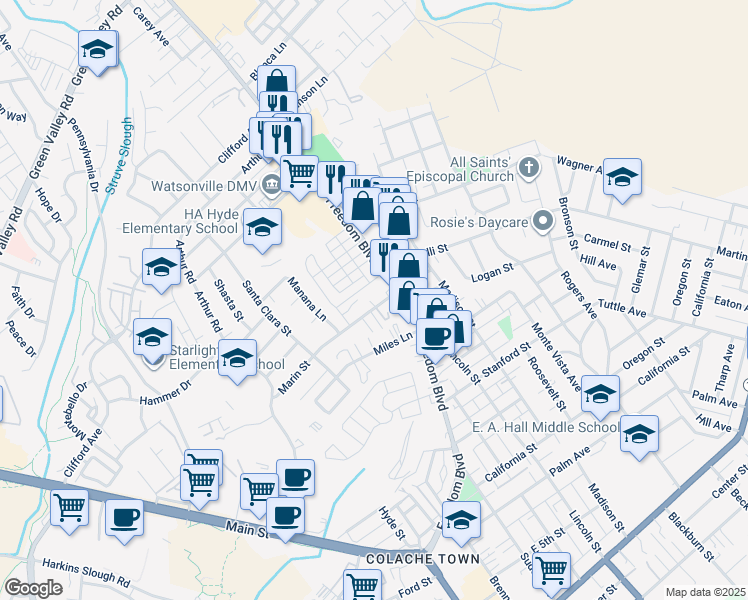 map of restaurants, bars, coffee shops, grocery stores, and more near 20 Marin Street in Watsonville