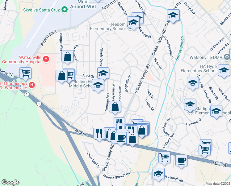 map of restaurants, bars, coffee shops, grocery stores, and more near 149 William Avenue in Watsonville