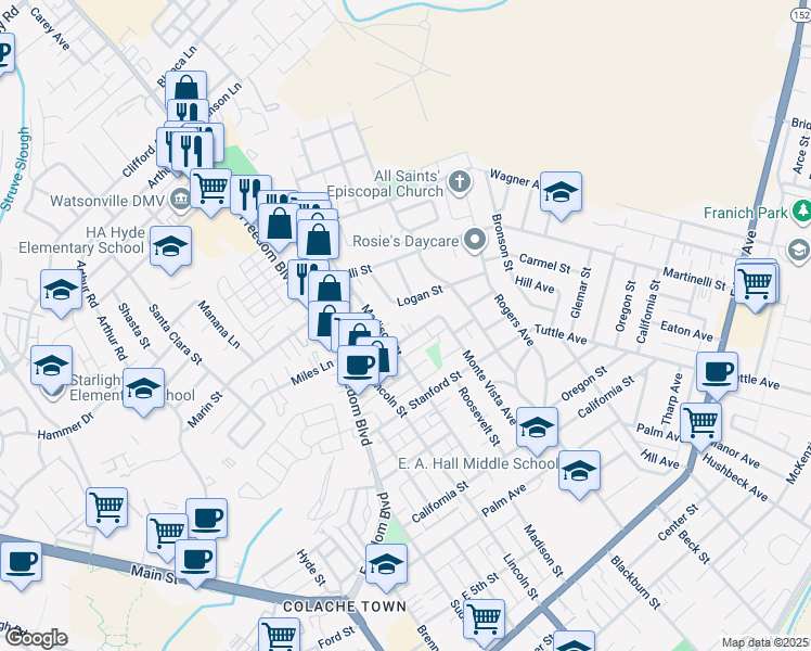 map of restaurants, bars, coffee shops, grocery stores, and more near 219 Prospect Street in Watsonville