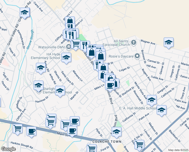 map of restaurants, bars, coffee shops, grocery stores, and more near 20 Marin Street in Watsonville