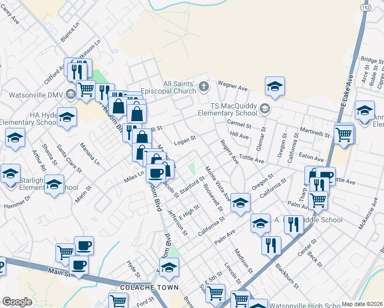 map of restaurants, bars, coffee shops, grocery stores, and more near 242 Prospect Street in Watsonville