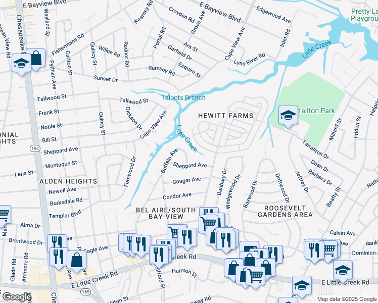 map of restaurants, bars, coffee shops, grocery stores, and more near 8281 Buffalo Avenue in Norfolk