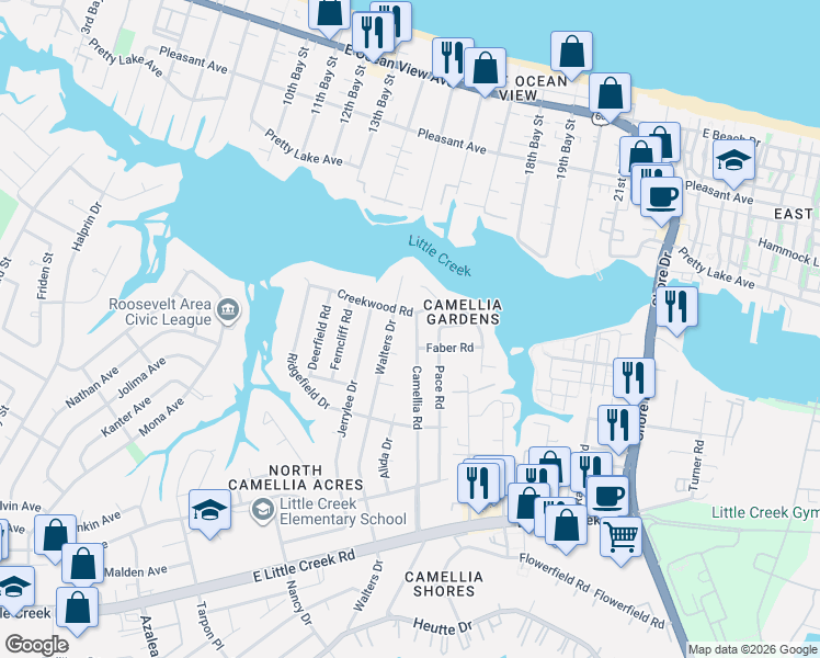 map of restaurants, bars, coffee shops, grocery stores, and more near 8151 Camellia Road in Norfolk