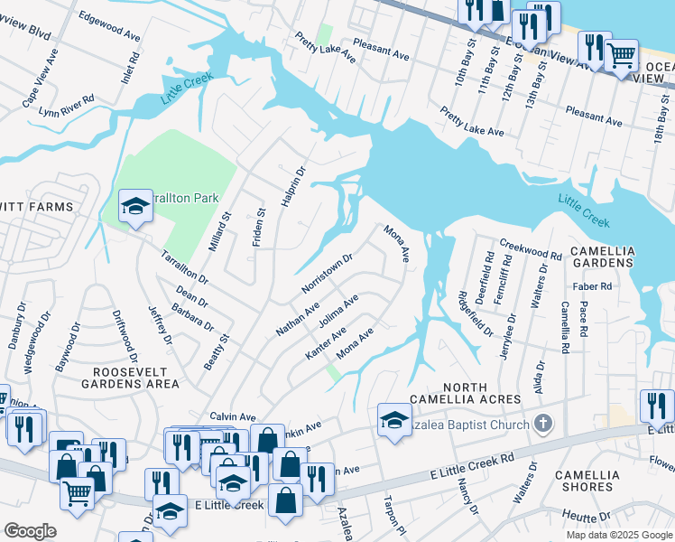 map of restaurants, bars, coffee shops, grocery stores, and more near 8404 Norristown Drive in Norfolk