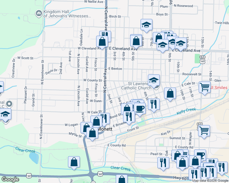 map of restaurants, bars, coffee shops, grocery stores, and more near 507 3rd Street in Monett