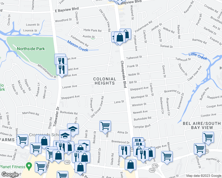 map of restaurants, bars, coffee shops, grocery stores, and more near 930 Sheppard Avenue in Norfolk