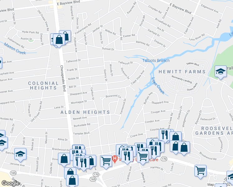 map of restaurants, bars, coffee shops, grocery stores, and more near 1350 Boxwood Circle in Norfolk
