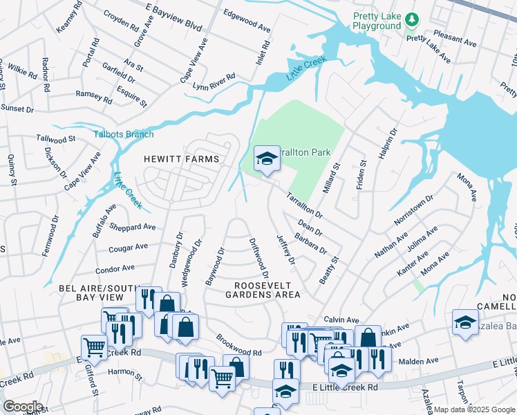 map of restaurants, bars, coffee shops, grocery stores, and more near 2121 Jeffrey Drive in Norfolk