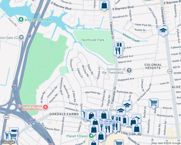 map of restaurants, bars, coffee shops, grocery stores, and more near 8223 Gygax Road in Norfolk