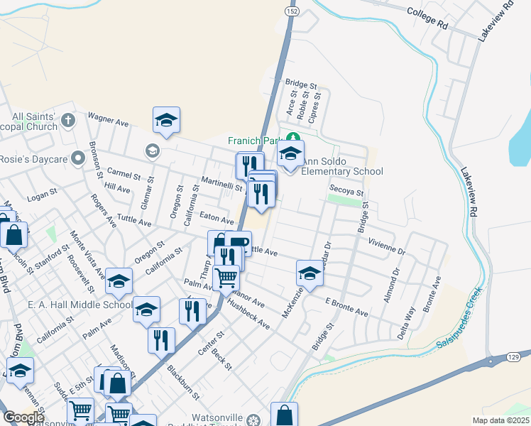 map of restaurants, bars, coffee shops, grocery stores, and more near 889 Lake Village Drive in Watsonville