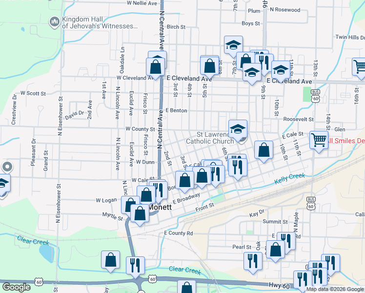 map of restaurants, bars, coffee shops, grocery stores, and more near 507 3rd Street in Monett