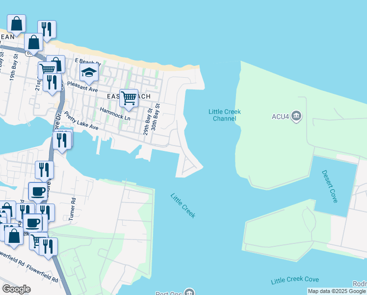 map of restaurants, bars, coffee shops, grocery stores, and more near 9502 Bay Front Drive in Norfolk