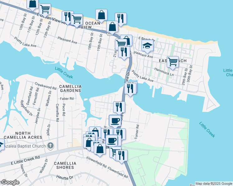 map of restaurants, bars, coffee shops, grocery stores, and more near 8440 Highland Street in Norfolk
