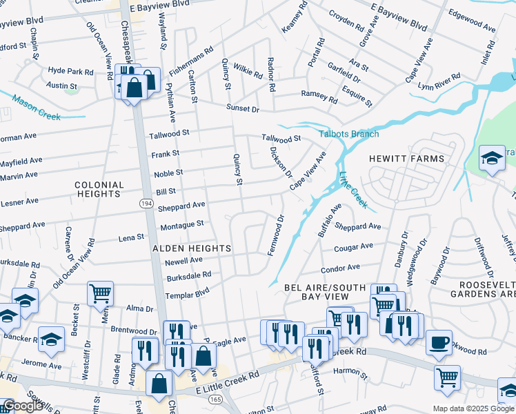 map of restaurants, bars, coffee shops, grocery stores, and more near 1350 Boxwood Circle in Norfolk