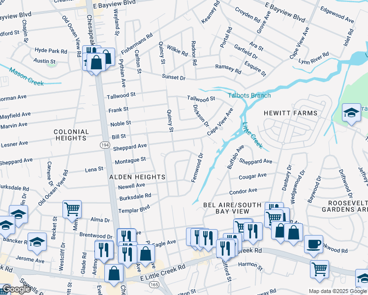 map of restaurants, bars, coffee shops, grocery stores, and more near 1350 Boxwood Circle in Norfolk