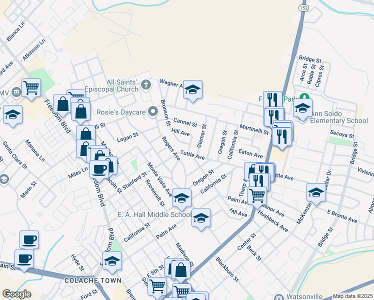 map of restaurants, bars, coffee shops, grocery stores, and more near 701 Hill Avenue in Watsonville