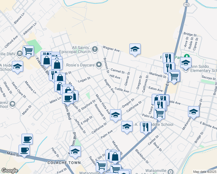 map of restaurants, bars, coffee shops, grocery stores, and more near 211 Rogers Avenue in Watsonville