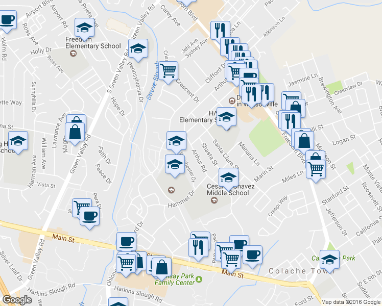 map of restaurants, bars, coffee shops, grocery stores, and more near 308 Arthur Rd in Watsonville
