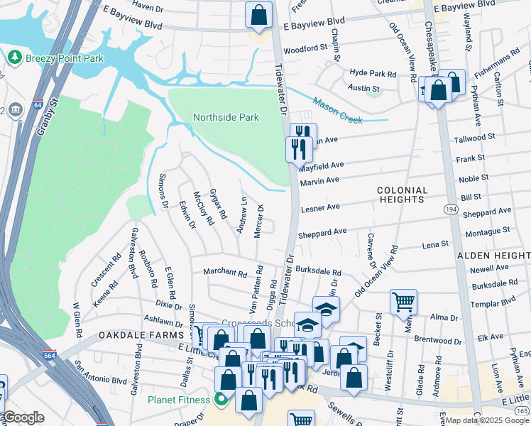 map of restaurants, bars, coffee shops, grocery stores, and more near 8226 Mercer Drive in Norfolk