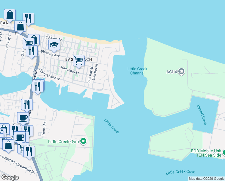 map of restaurants, bars, coffee shops, grocery stores, and more near 9502 Bay Front Drive in Norfolk