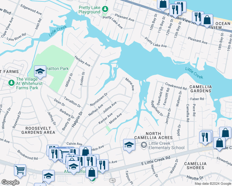 map of restaurants, bars, coffee shops, grocery stores, and more near 8417 Nathan Avenue in Norfolk