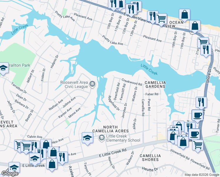 map of restaurants, bars, coffee shops, grocery stores, and more near 8121 Ridgefield Drive in Norfolk