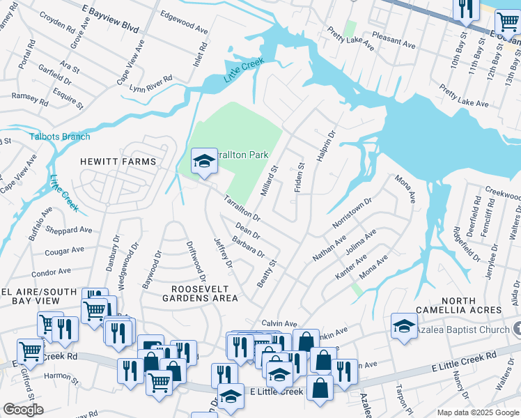 map of restaurants, bars, coffee shops, grocery stores, and more near 8304 Millard Street in Norfolk
