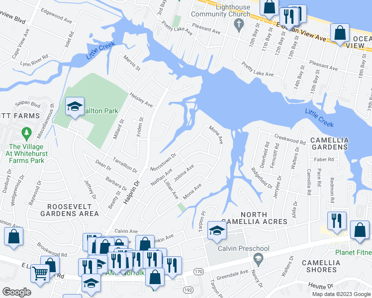 map of restaurants, bars, coffee shops, grocery stores, and more near 8408 Norristown Drive in Norfolk
