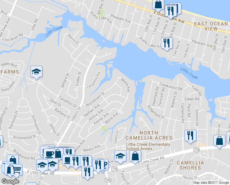 map of restaurants, bars, coffee shops, grocery stores, and more near 8425 Nathan Avenue in Norfolk