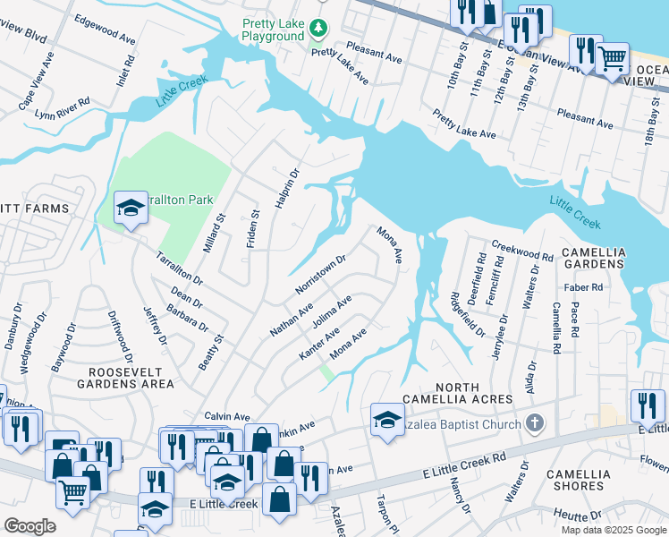 map of restaurants, bars, coffee shops, grocery stores, and more near 8408 Norristown Drive in Norfolk