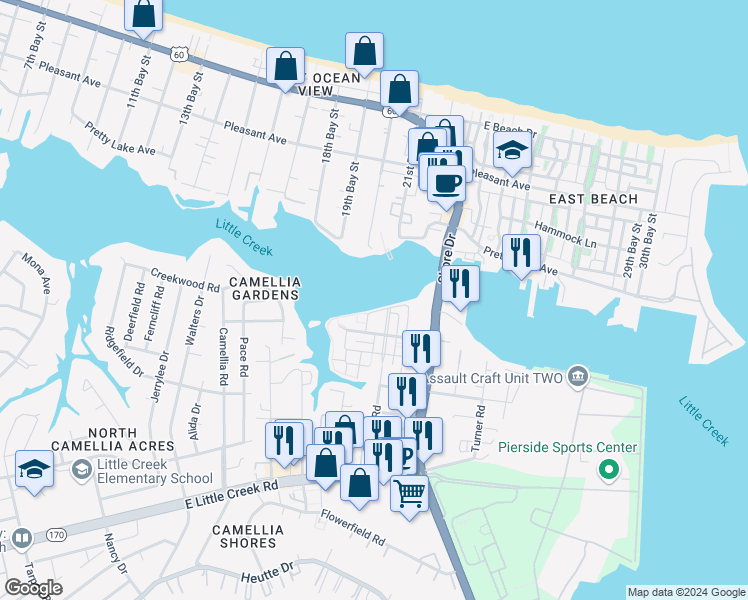 map of restaurants, bars, coffee shops, grocery stores, and more near 4100 Harbor Walk Avenue in Norfolk