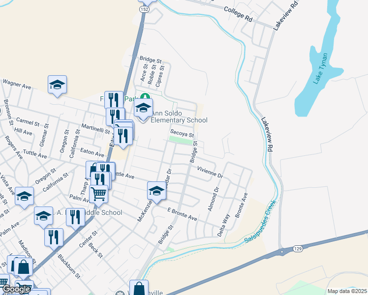 map of restaurants, bars, coffee shops, grocery stores, and more near 521 Joyce Drive in Watsonville