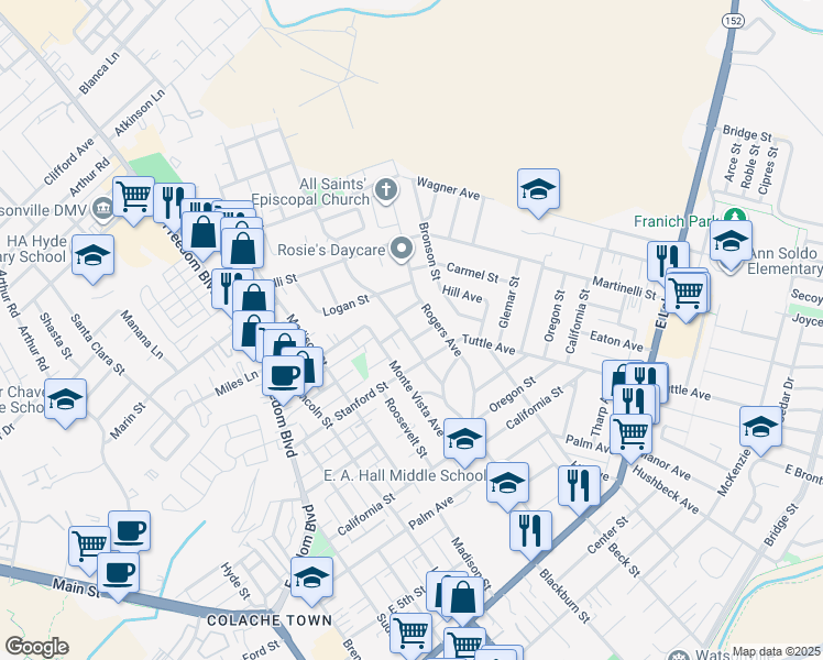 map of restaurants, bars, coffee shops, grocery stores, and more near 728 Brewington Avenue in Watsonville