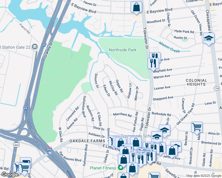 map of restaurants, bars, coffee shops, grocery stores, and more near 8227 McCloy Road in Norfolk