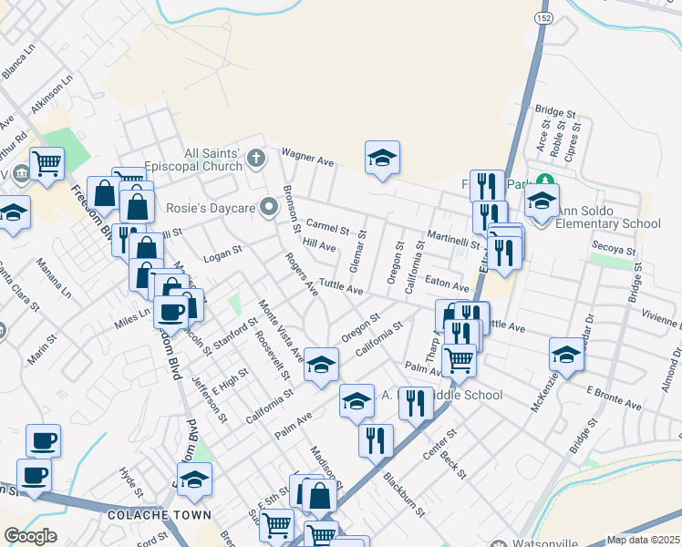 map of restaurants, bars, coffee shops, grocery stores, and more near 708 Hill Avenue in Watsonville