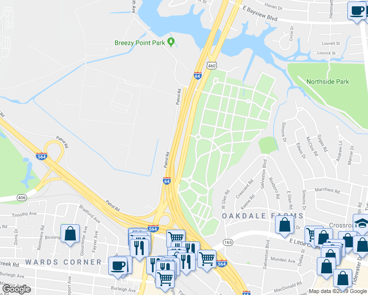 map of restaurants, bars, coffee shops, grocery stores, and more near 8119 Granby Street in Norfolk