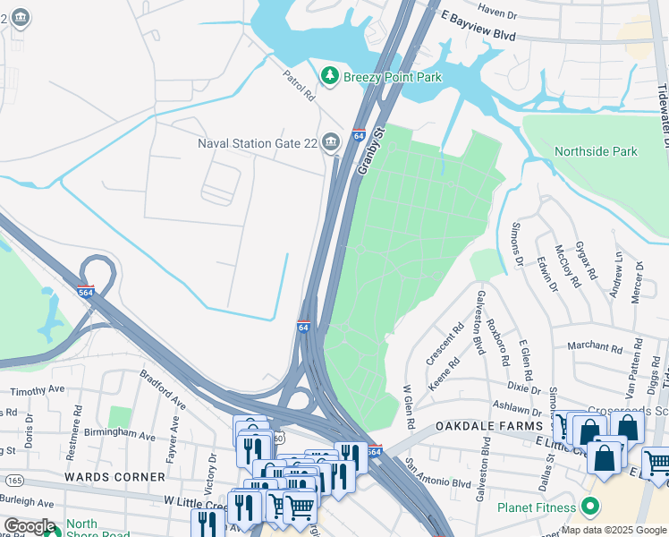 map of restaurants, bars, coffee shops, grocery stores, and more near 8119 Granby Street in Norfolk