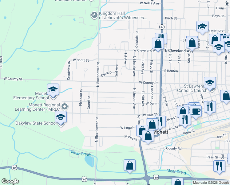 map of restaurants, bars, coffee shops, grocery stores, and more near W Wishart St in Monett
