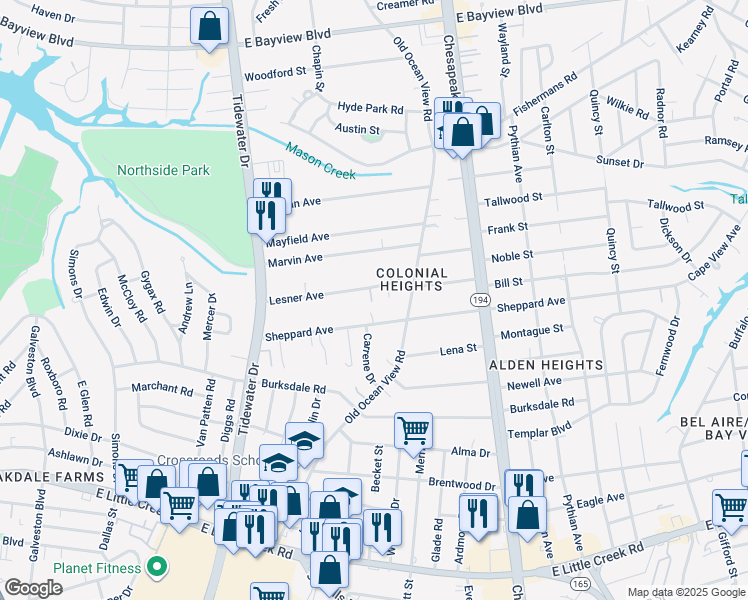 map of restaurants, bars, coffee shops, grocery stores, and more near 807 Lesner Ave in Norfolk