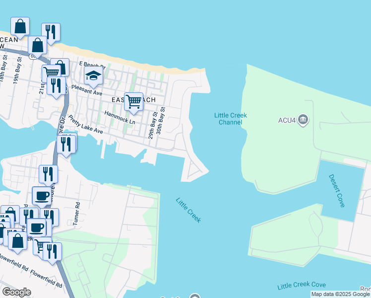map of restaurants, bars, coffee shops, grocery stores, and more near 9516 Bay Front Drive in Norfolk