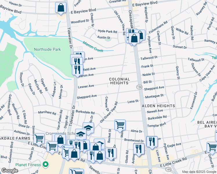 map of restaurants, bars, coffee shops, grocery stores, and more near 807 Lesner Ave in Norfolk