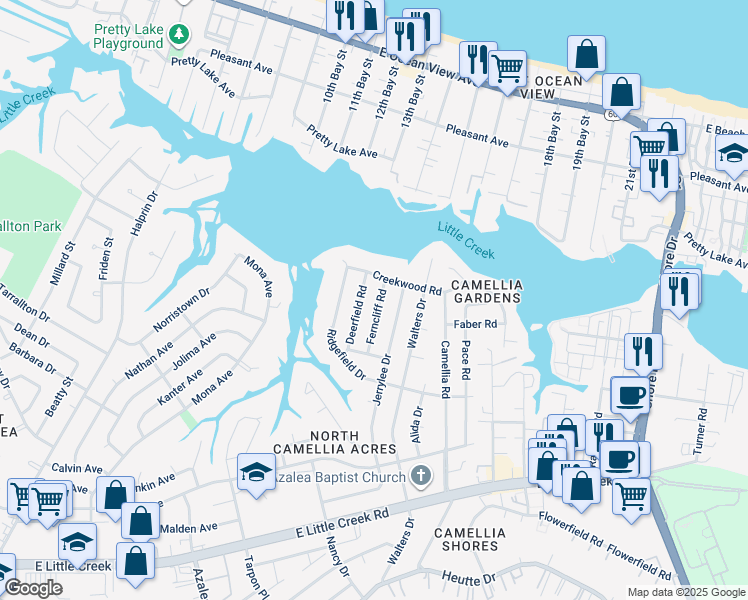 map of restaurants, bars, coffee shops, grocery stores, and more near 8133 Ferncliff Road in Norfolk
