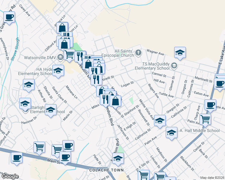 map of restaurants, bars, coffee shops, grocery stores, and more near 23 Broadis Street in Watsonville